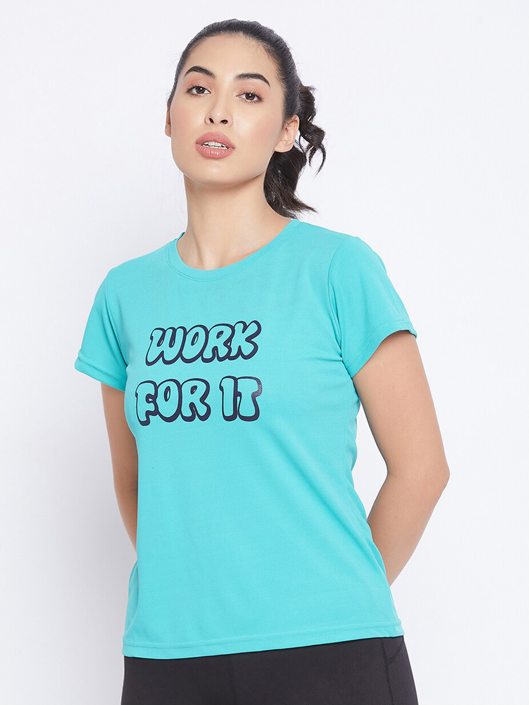 

Clovia Women Teal Typography Printed Training or Gym T-shirt
