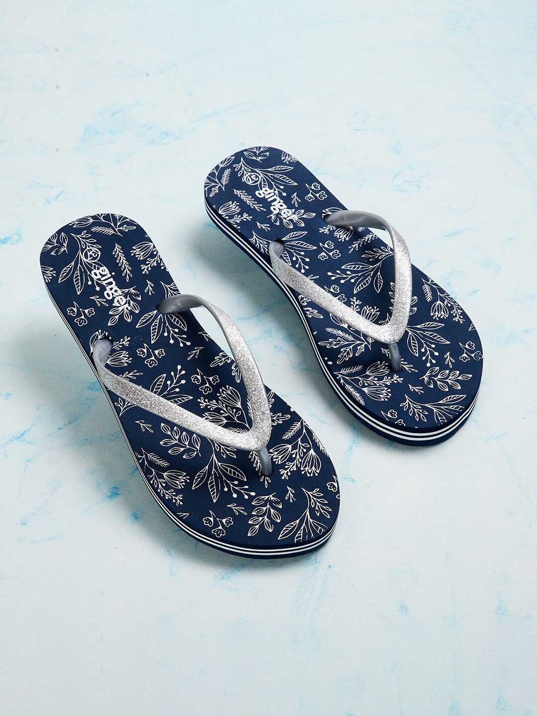 

Ginger by Lifestyle Women Navy Blue & Silver-Toned Printed Thong Flip-Flops