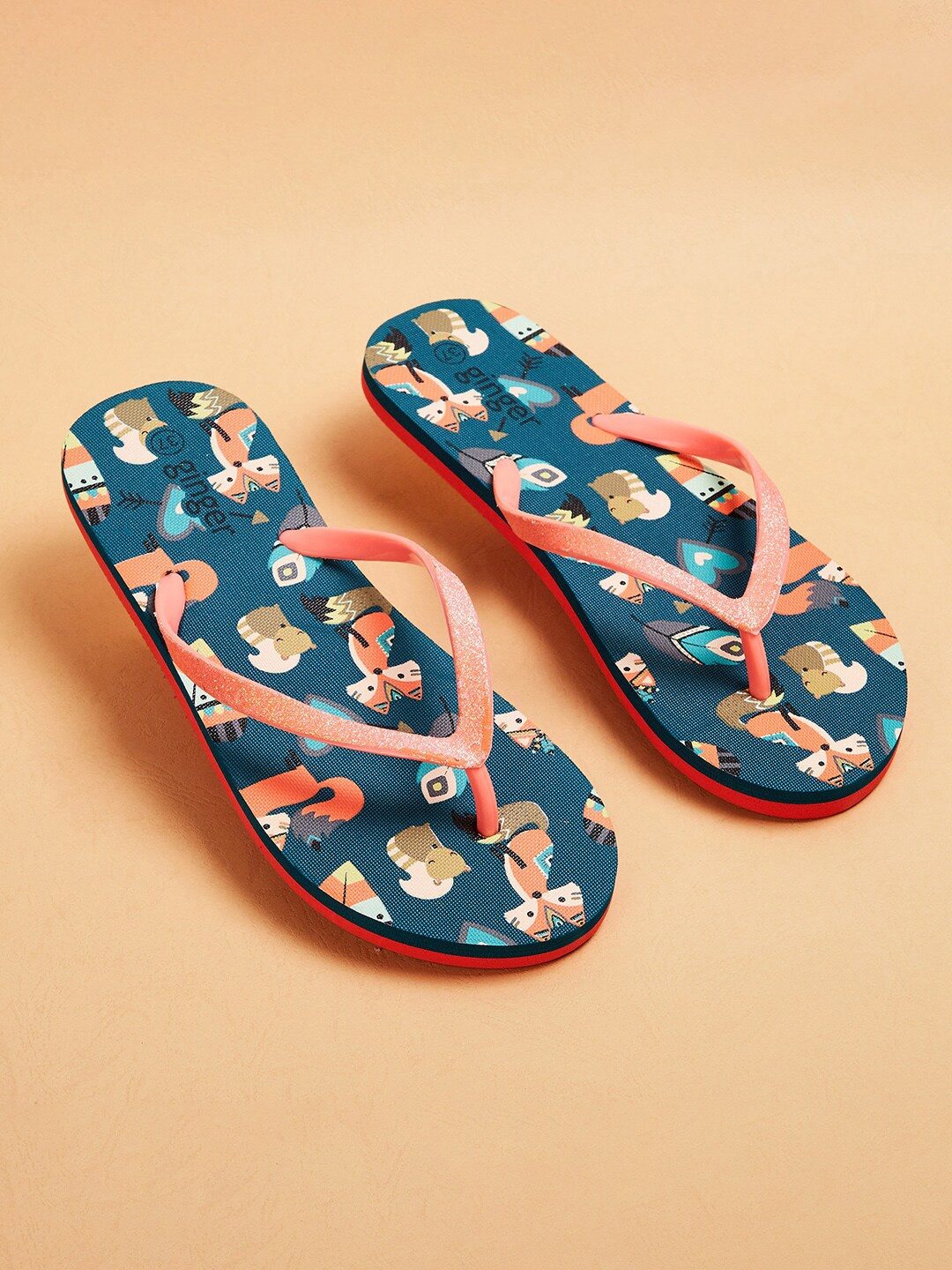 

Ginger by Lifestyle Women Teal & Peach-Coloured Printed Thong Flip-Flops