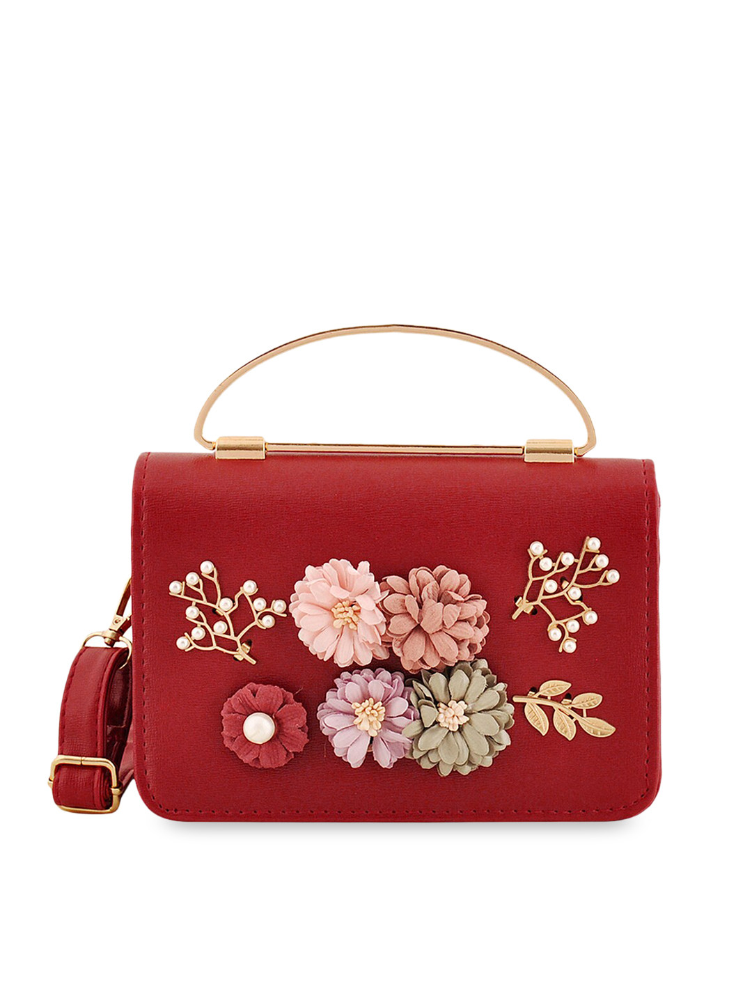 

Pez dorado Maroon Embellished Structured Handheld Bag