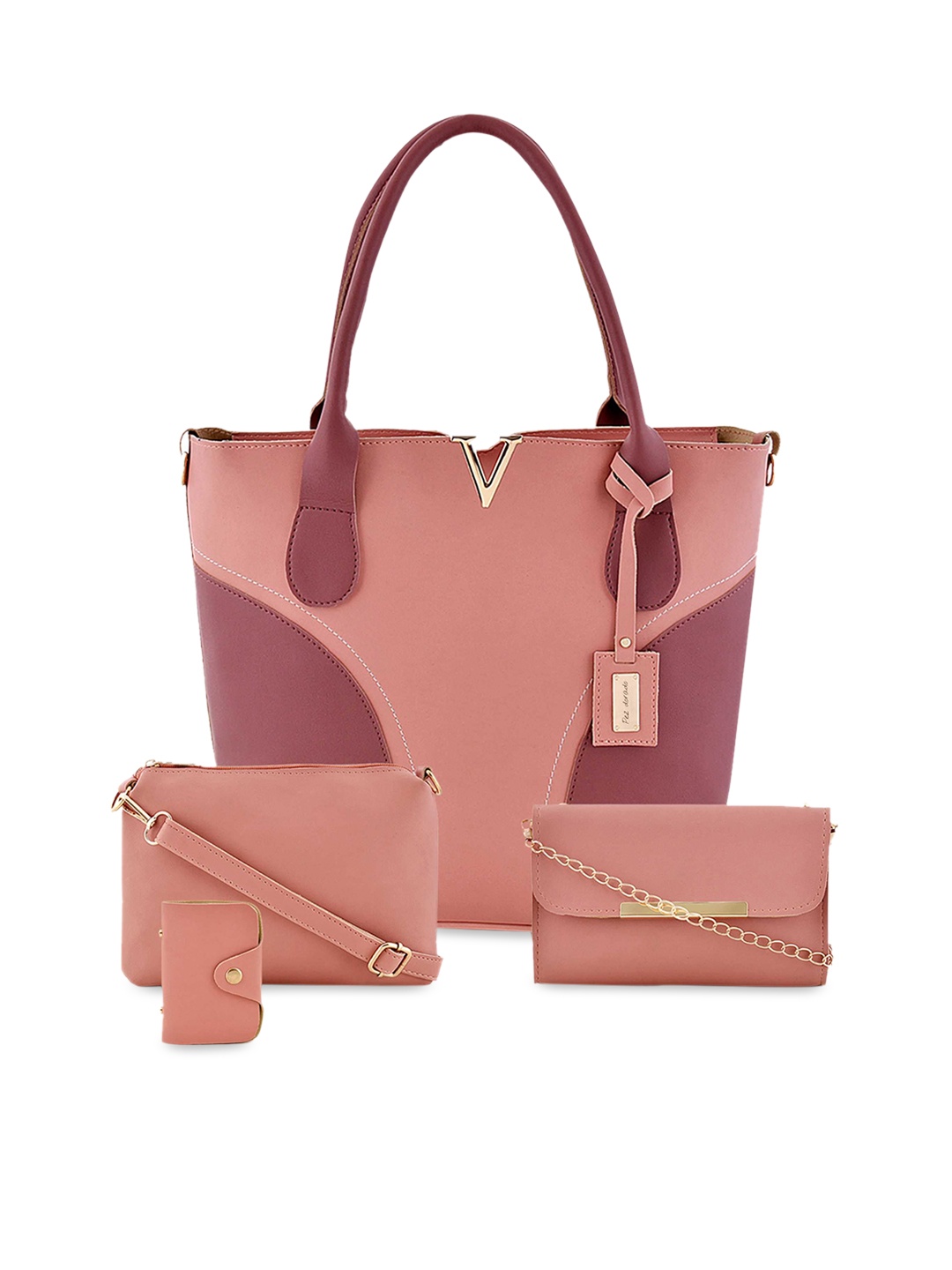 

Pez dorado Pink Colourblocked Oversized Structured Shoulder Bag with Tasselled