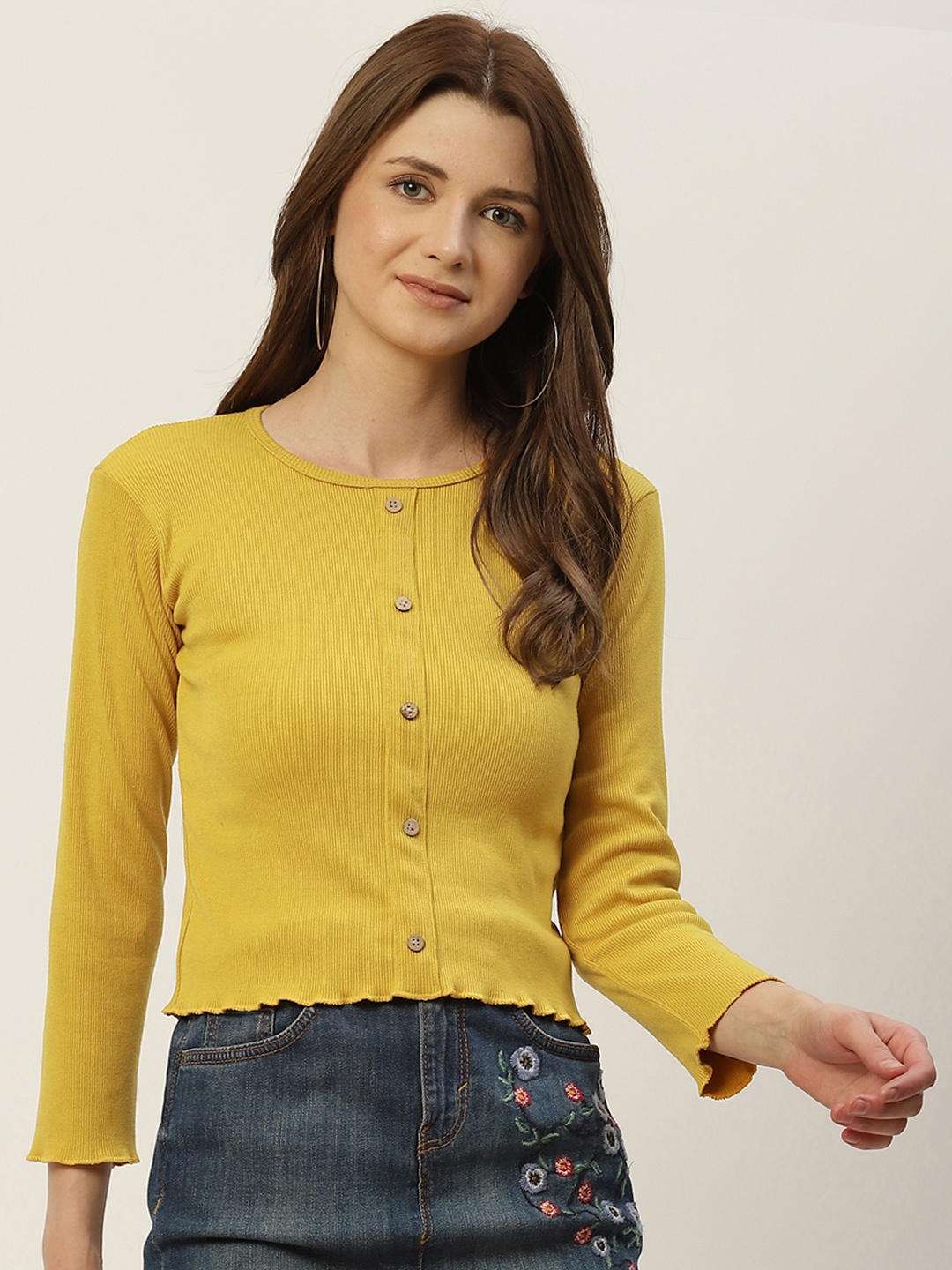 

BROOWL Women Mustard Yellow Self-Striped Crepe Cropped Regular Top