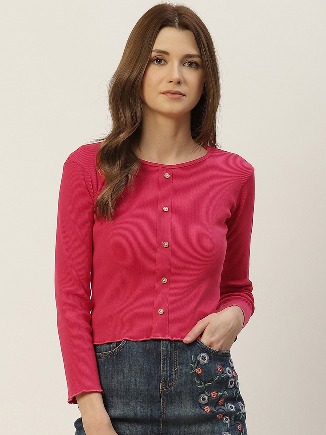 

BROOWL Women Red Self-Striped Crepe Cropped Regular Top