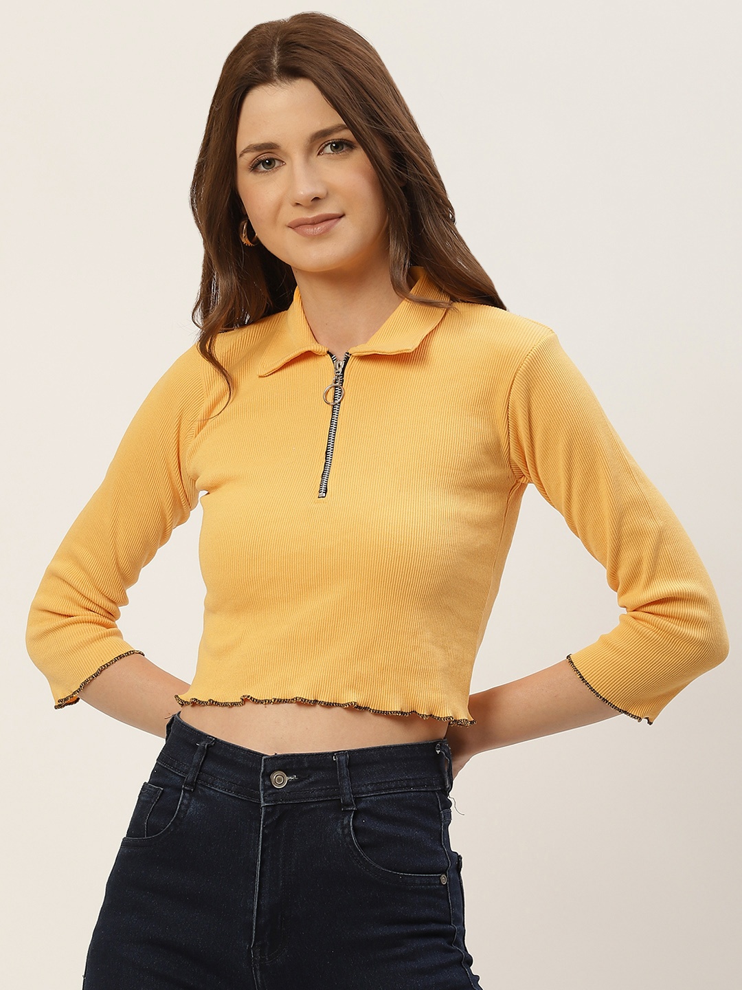 

BROOWL Women Yellow Ribbed Crop Top