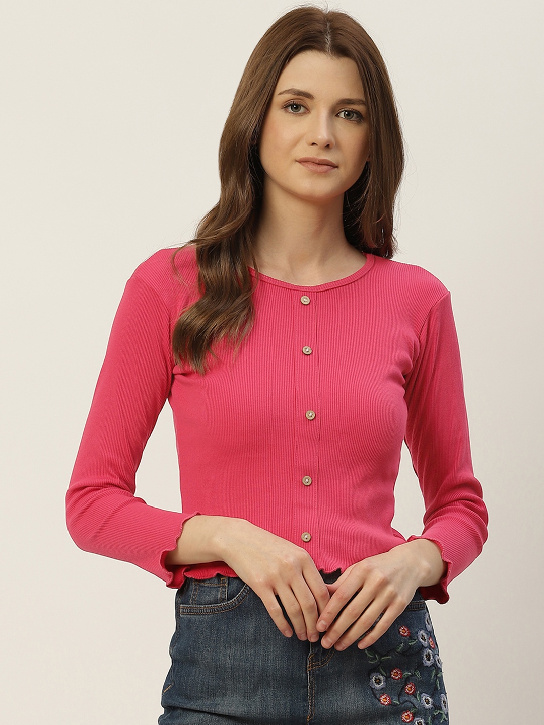 

BROOWL Women Pink Crepe Cropped Regular Top