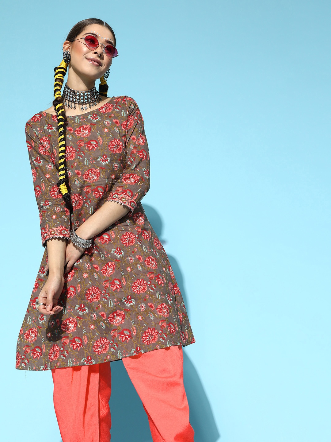

Indo Era Women Brown Floral Printed Kurta with Dhoti Pants