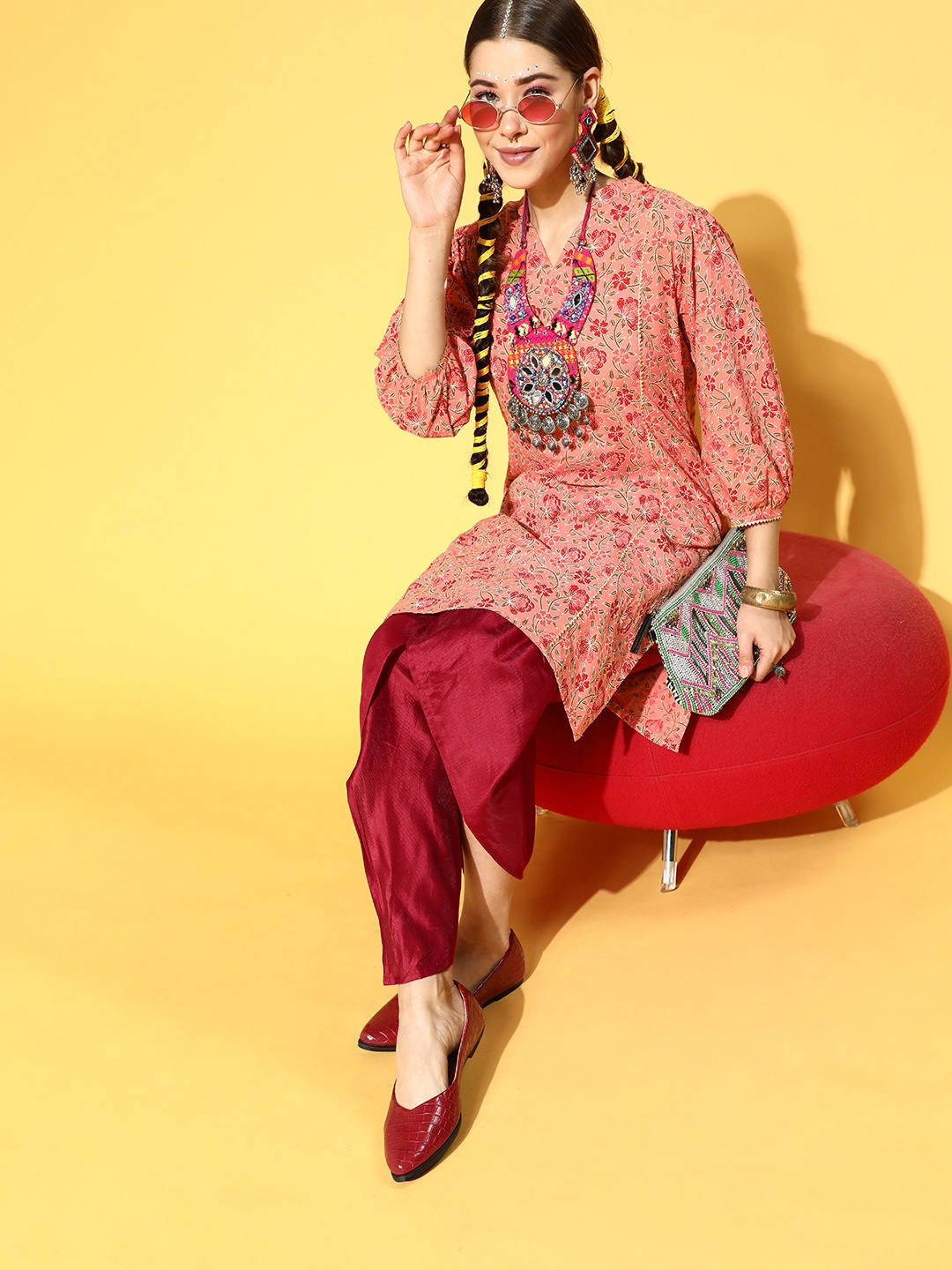 

Indo Era Women Peach-Coloured Floral Printed Kurta with Dhoti Pants