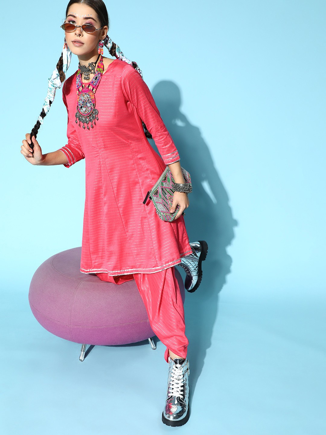 

Indo Era Women Pink Empire Kurta with Dhoti Pants