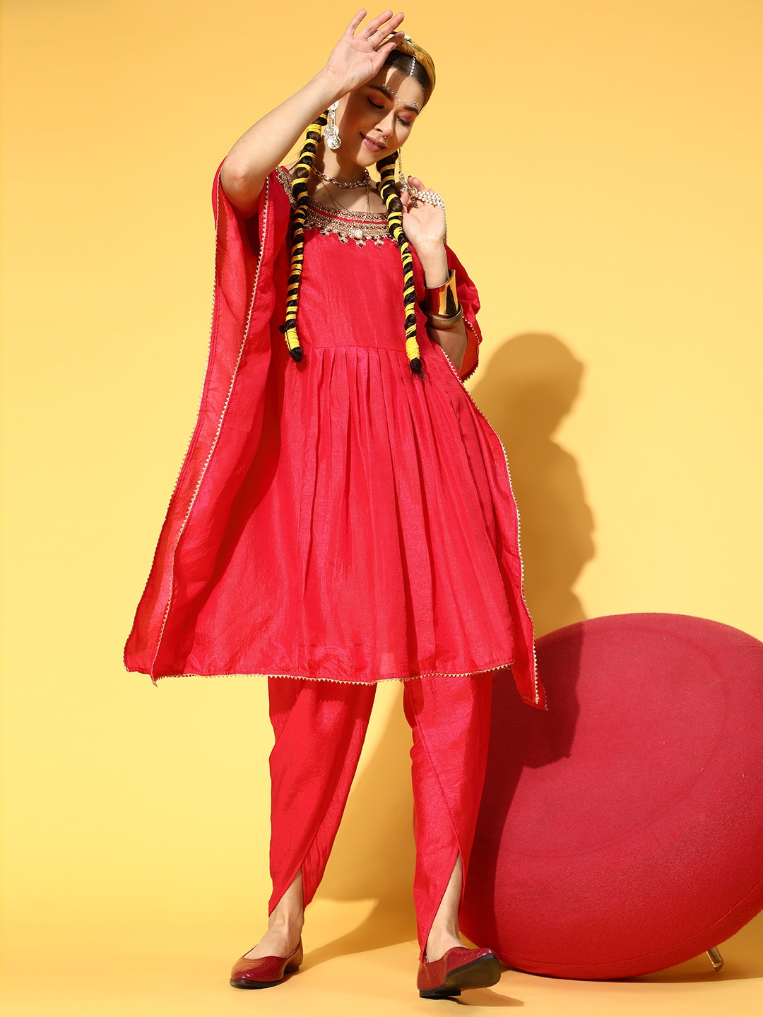 

Indo Era Women Red Ethnic Motifs Embroidered Empire Kurta with Dhoti Pants