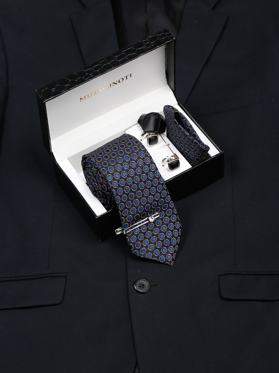 

MUTAQINOTI Men Geometric Self Design Silk Necktie Accessory Gift Set, Blue