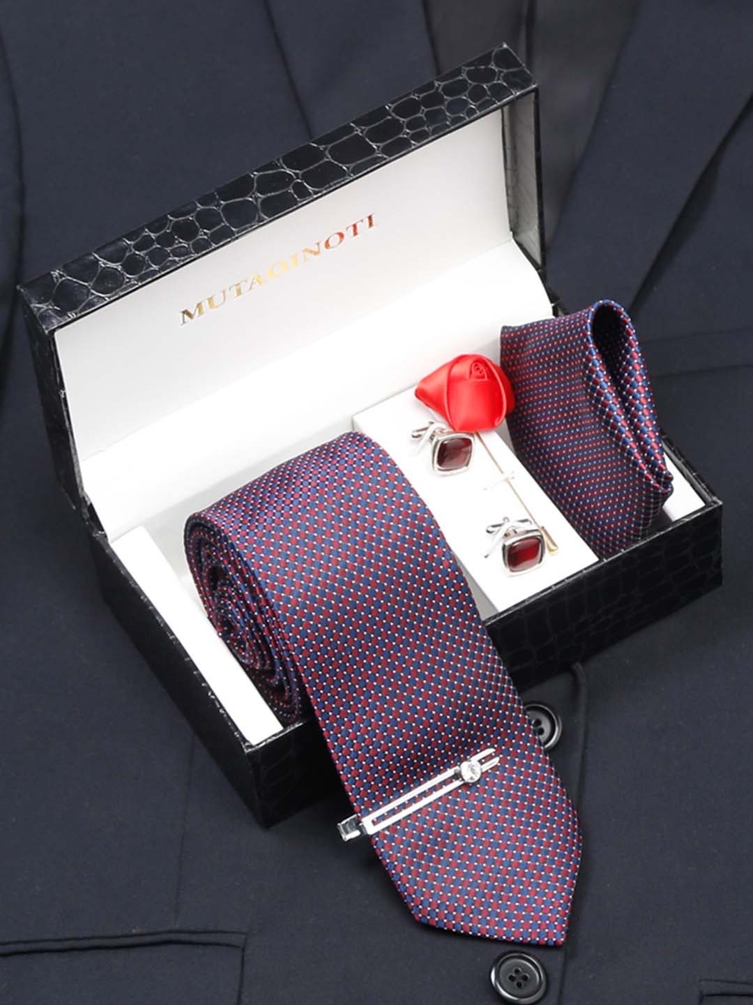 

MUTAQINOTI Men Silk Blend Necktie Accessory Gift Set, Burgundy