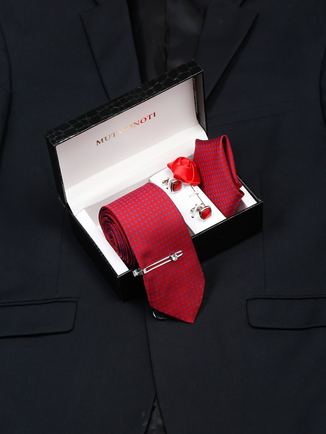 

MUTAQINOTI Men Printed Silk Blend Necktie Accessory Gift Set, Red