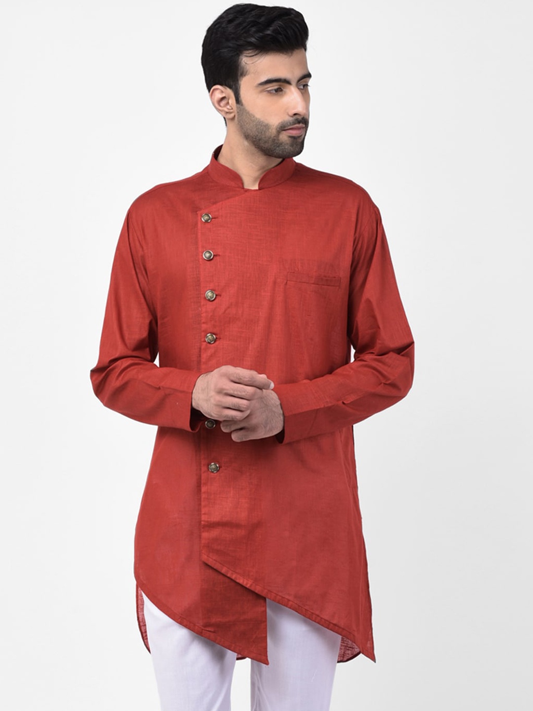 

SG LEMAN Men Maroon Angrakha Pure Cotton Kurta