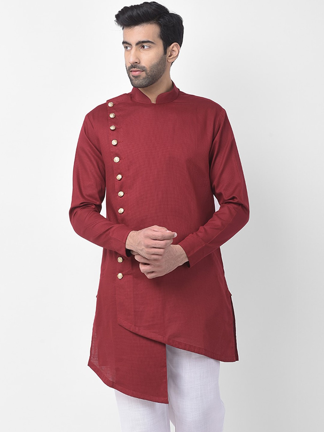

SG LEMAN Men Maroon Solid Mandarin Collar A-line Kurta