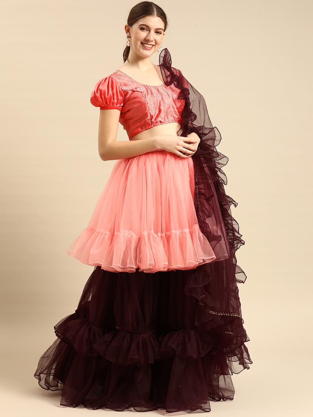 

Tikhi Imli Peach-Coloured & Maroon Embellished Ready to Wear Lehenga & Unstitched Blouse With Dupatta