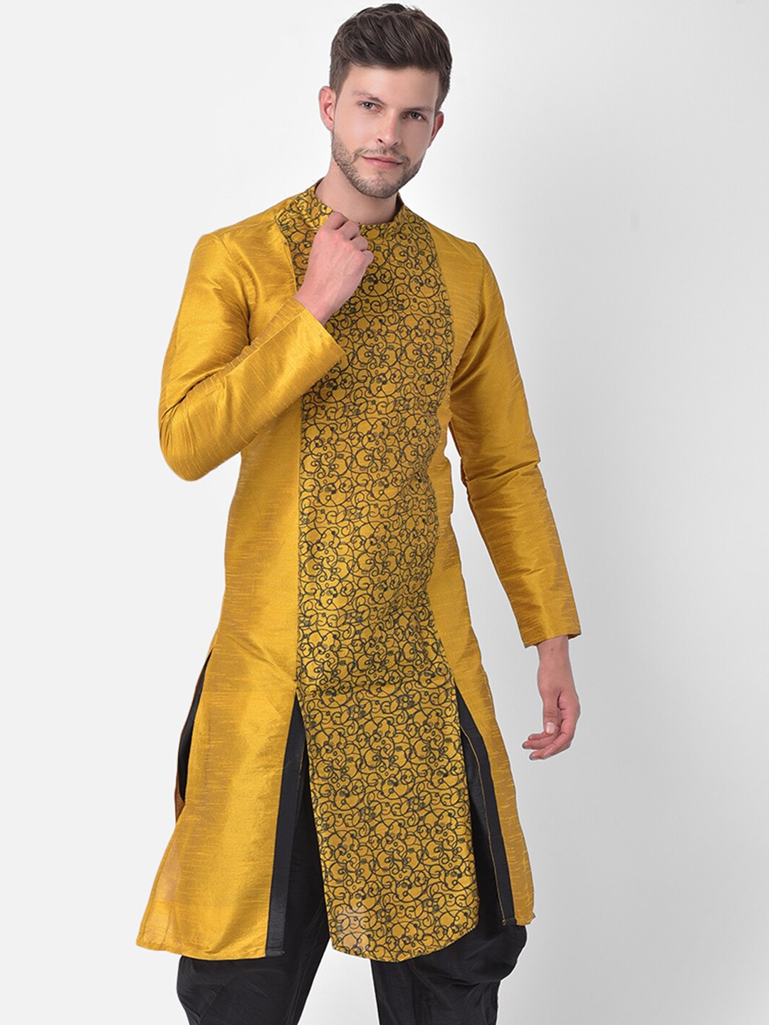 

DEYANN Men Mustard Yellow Ethnic Motifs Printed Regular Dupion Silk Kurta with Dhoti Pants