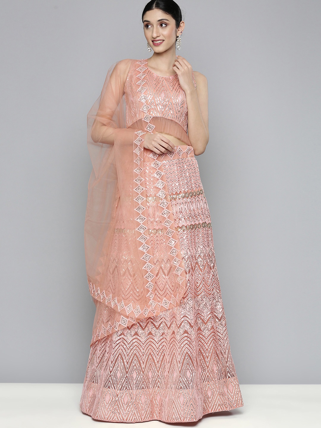 

Kvsfab Peach-Coloured Embroidered Sequinned Semi-Stitched Lehenga & Unstitched Blouse With Dupatta