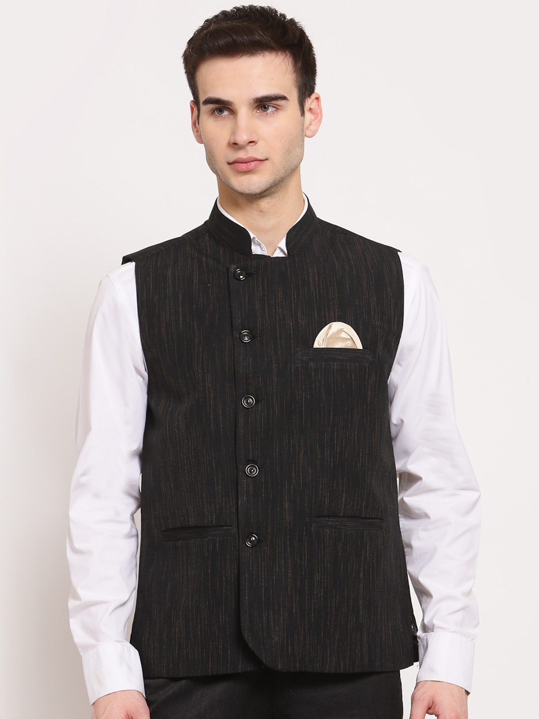 

KLOTTHE Men Black & Brown Solid Woven Pure Cotton Nehru Jacket