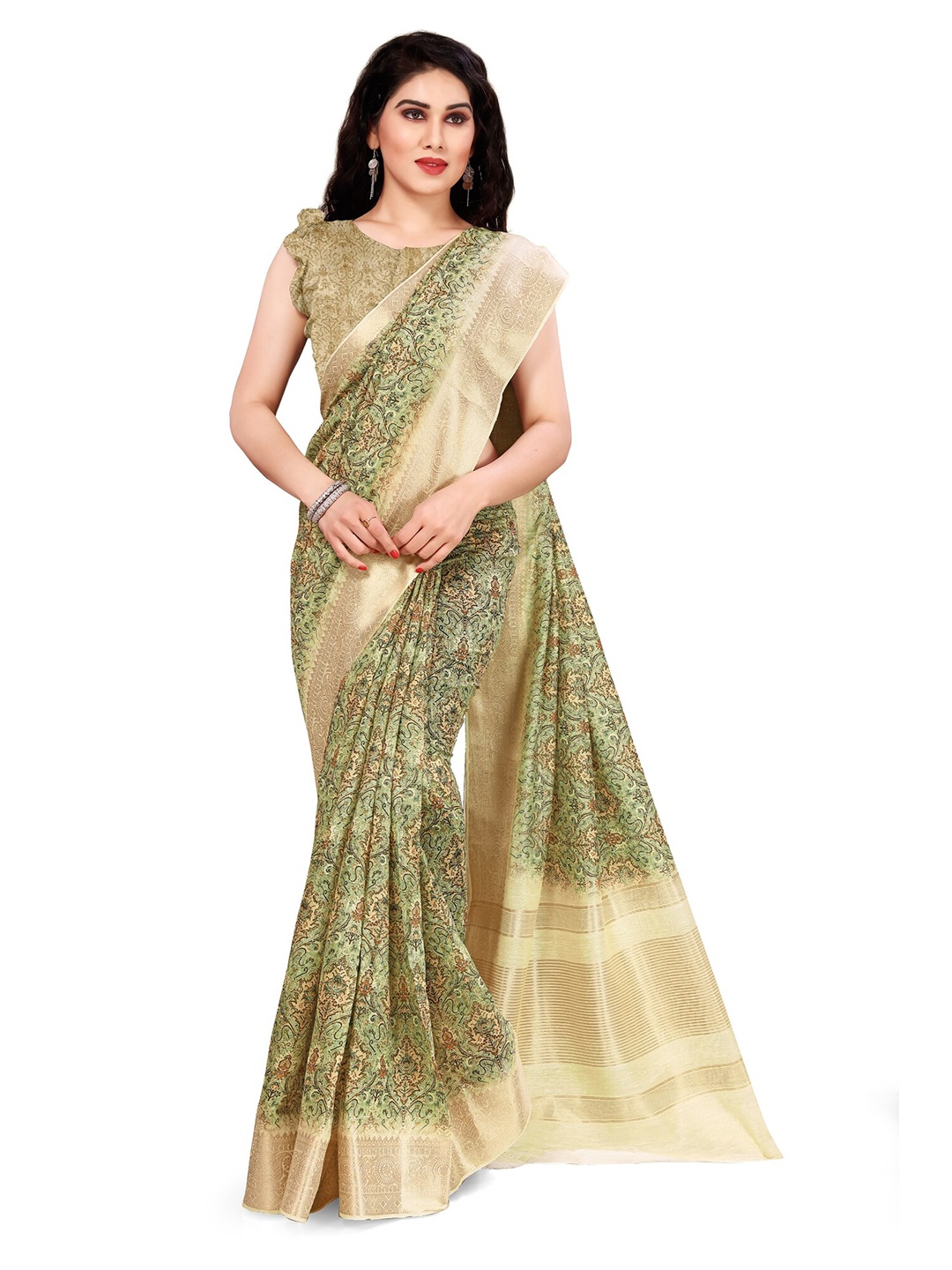 

KALINI Green & Tan Ethnic Motifs Zari Saree