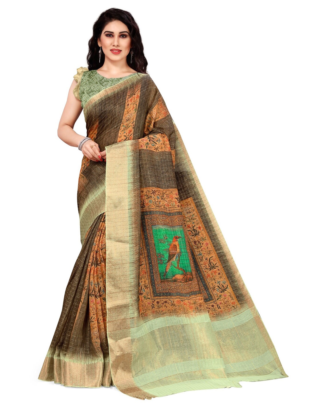 

KALINI Brown & Orange Ethnic Motifs Zari Saree