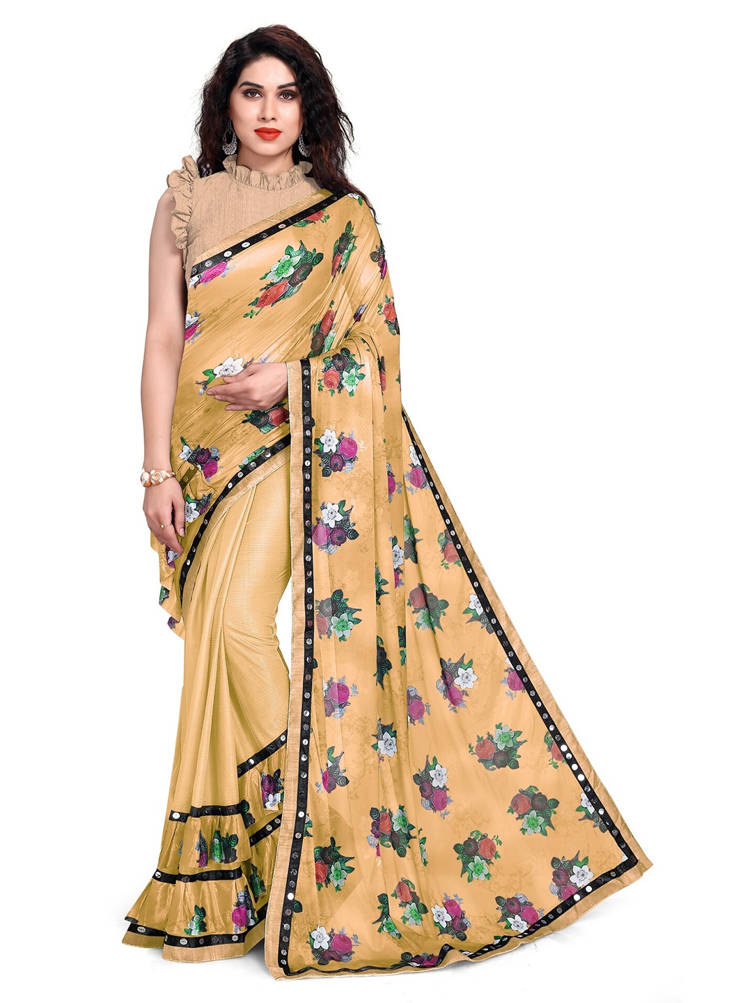 

KALINI Cream-Coloured & Purple Floral Silk Blend Bagh Saree