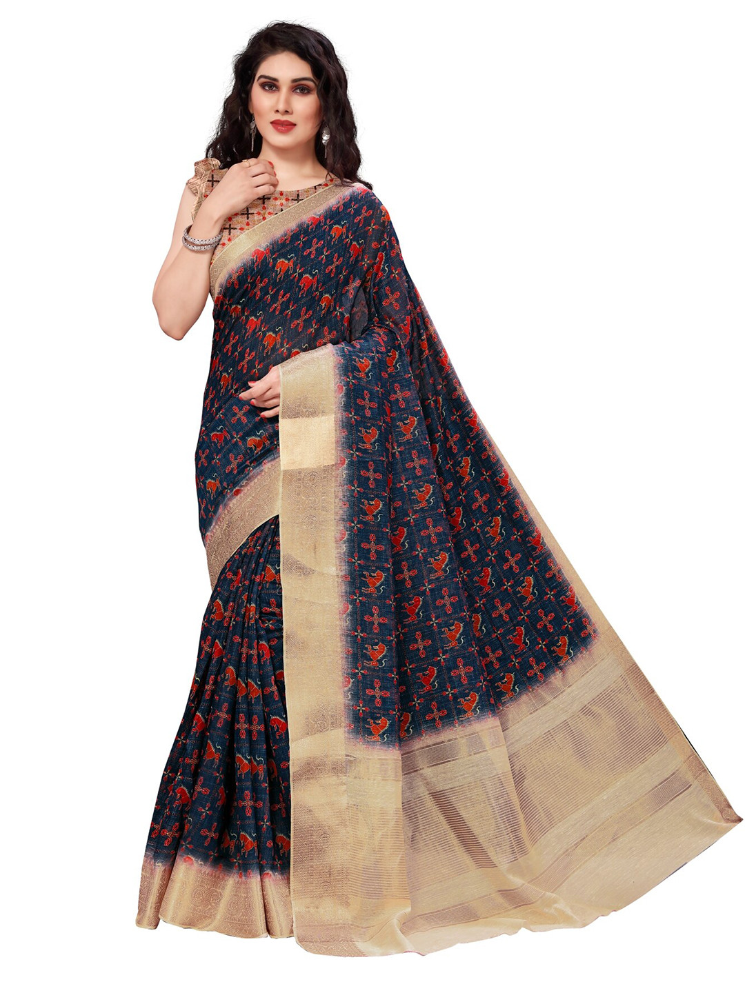 

KALINI Blue & Red Ethnic Motifs Zari Silk Cotton Saree