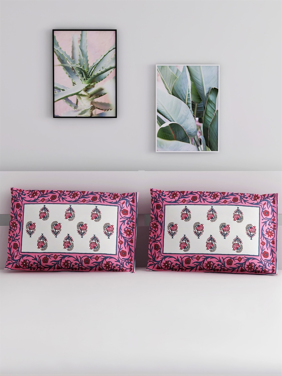 

Salona Bichona Set Of 2 Pink & White Printed Pure Cotton 120 TC Pillow Covers