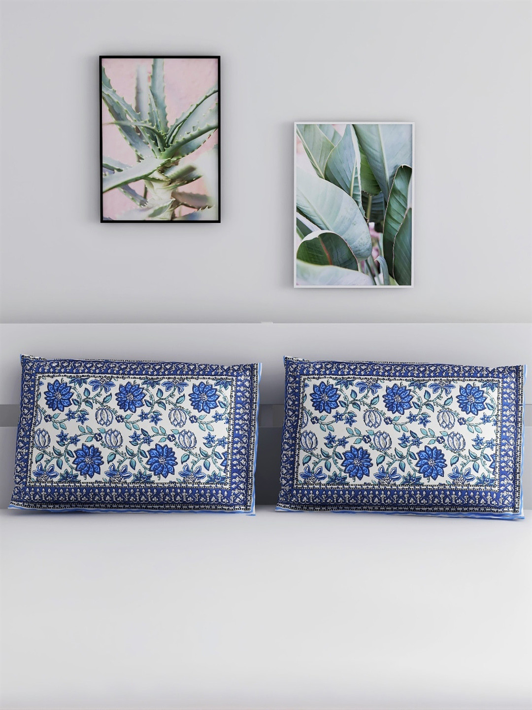 

Salona Bichona Set Of 2 Blue & White Printed Pure Cotton 120 TC Pillow Covers
