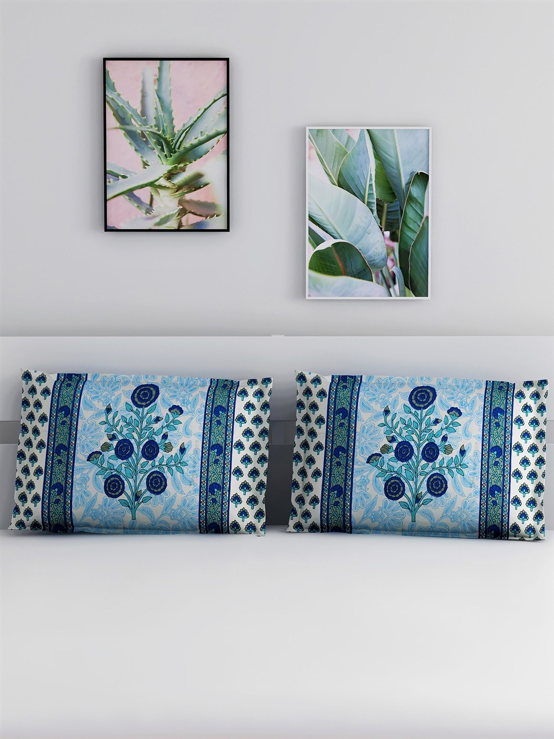 

Salona Bichona Set Of 2 Blue & White Printed Pure Cotton 120 TC Pillow Covers
