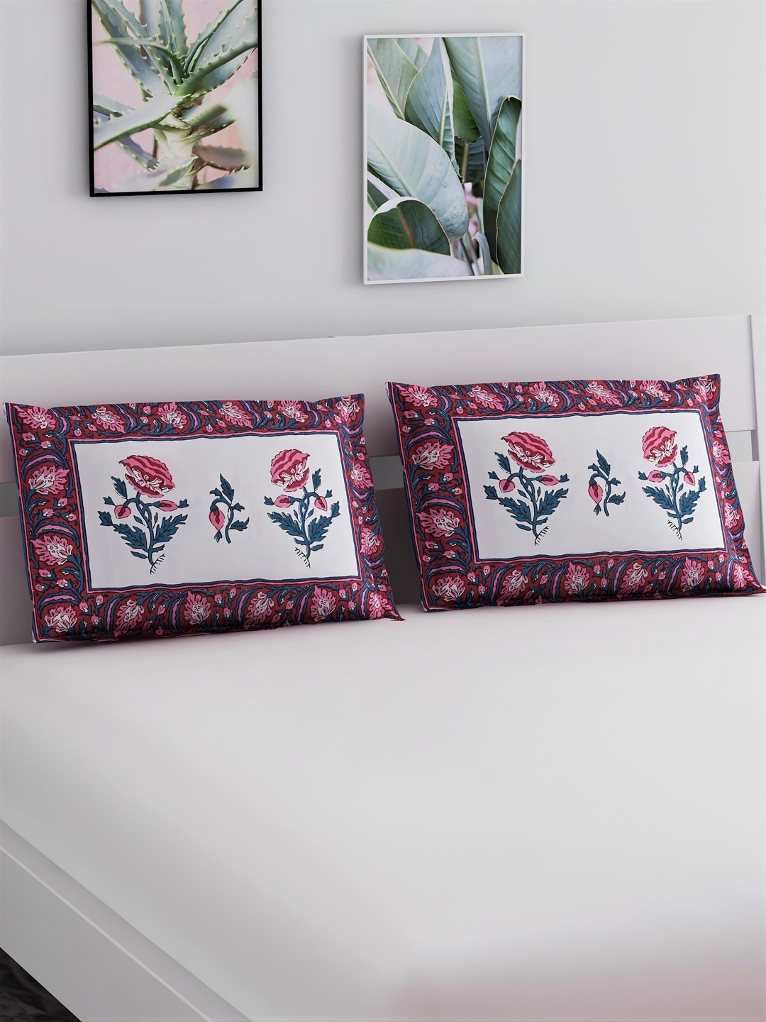 

Salona Bichona Set Of 2 Pink & White Printed Pure Cotton 120 TC Pillow Covers