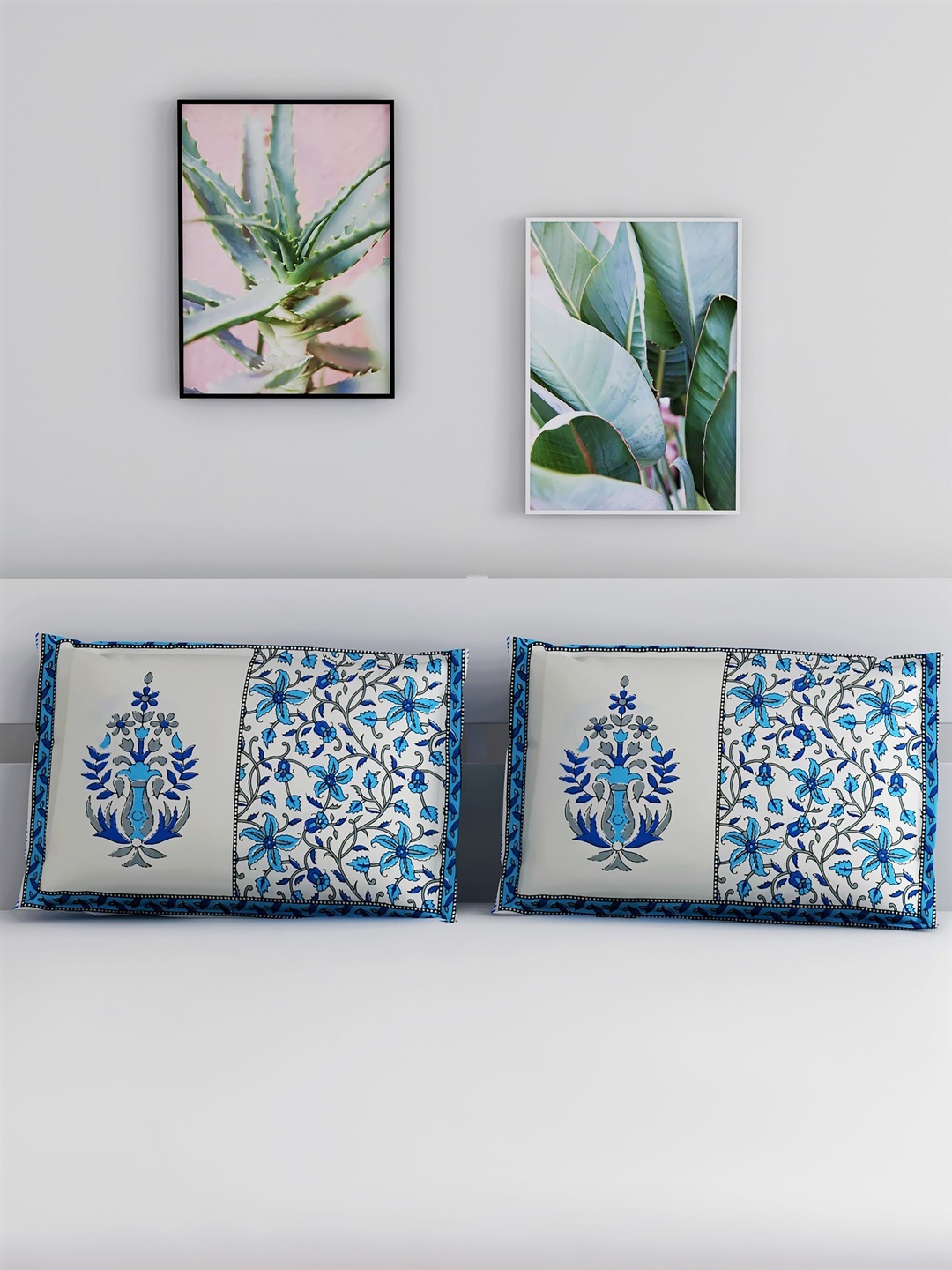 

Salona Bichona Set Of 2 Blue & White Printed 120TC Pure Cotton Pillow Covers