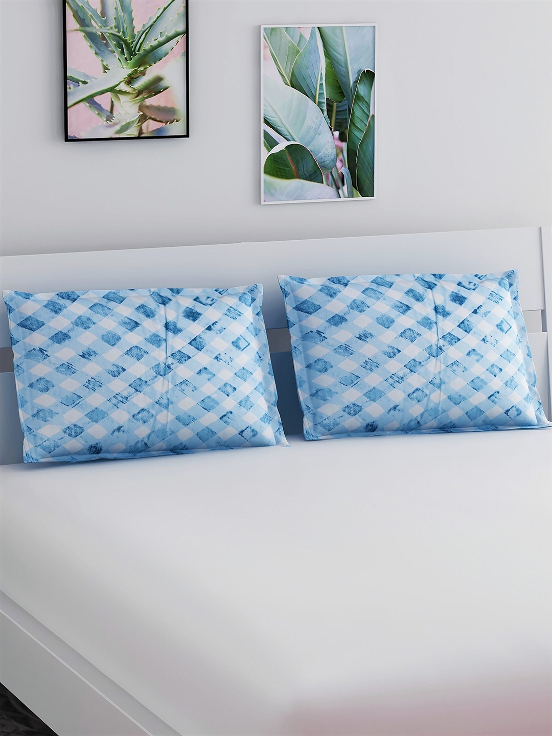 

Salona Bichona Set Of 2 Blue & White Checked Pure Cotton 104 TC Pillow Covers