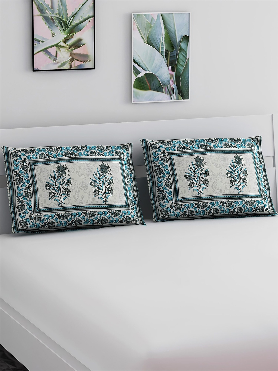 

Salona Bichona Set Of 2 Printed 120 TC Pure Cotton Pillow Covers, Blue
