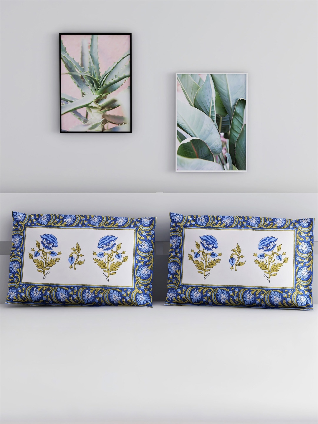 

Salona Bichona Set Of 2 Blue & White Printed Pure Cotton 120 TC Pillow Covers