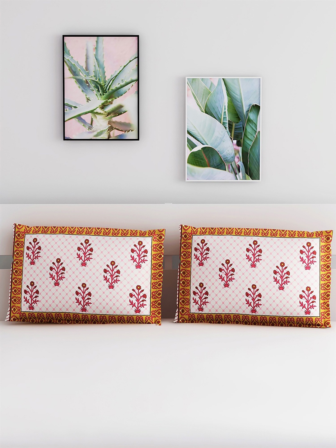 

Salona Bichona Set Of 2 Pink & Yellow Printed Pure Cotton 120 TC Pillow Covers
