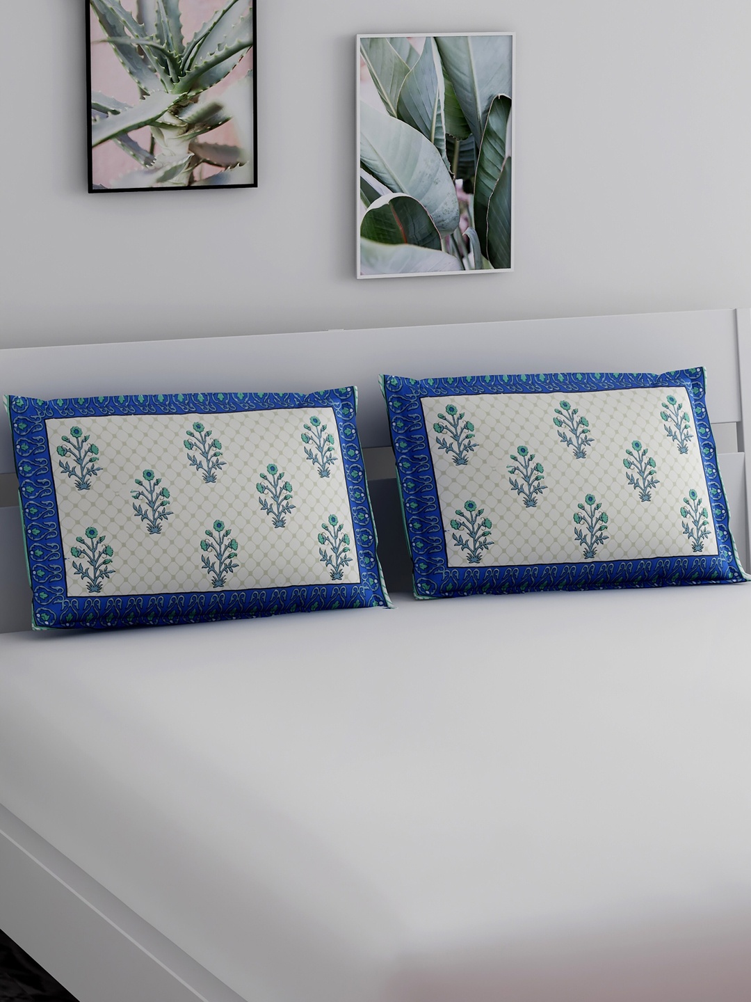 

Salona Bichona Set Of 2 Blue & White Printed Pure Cotton 120 TC Pillow Covers