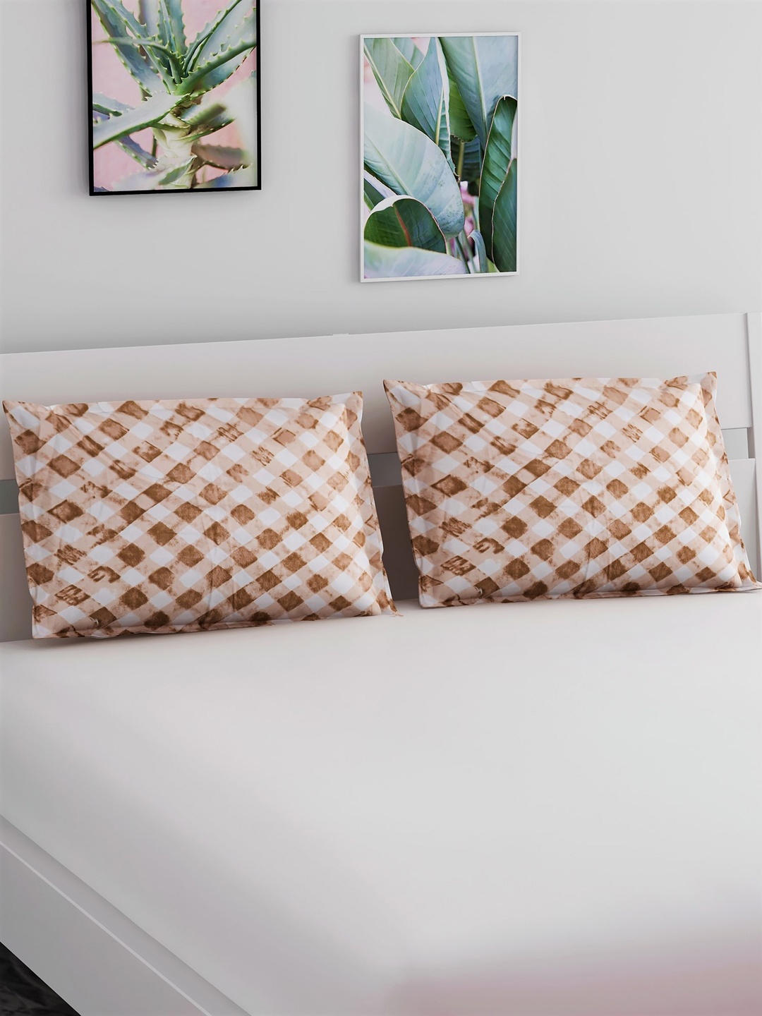 

Salona Bichona Set Of 2 Brown & White Checked Pure Cotton 104 TC Pillow Covers