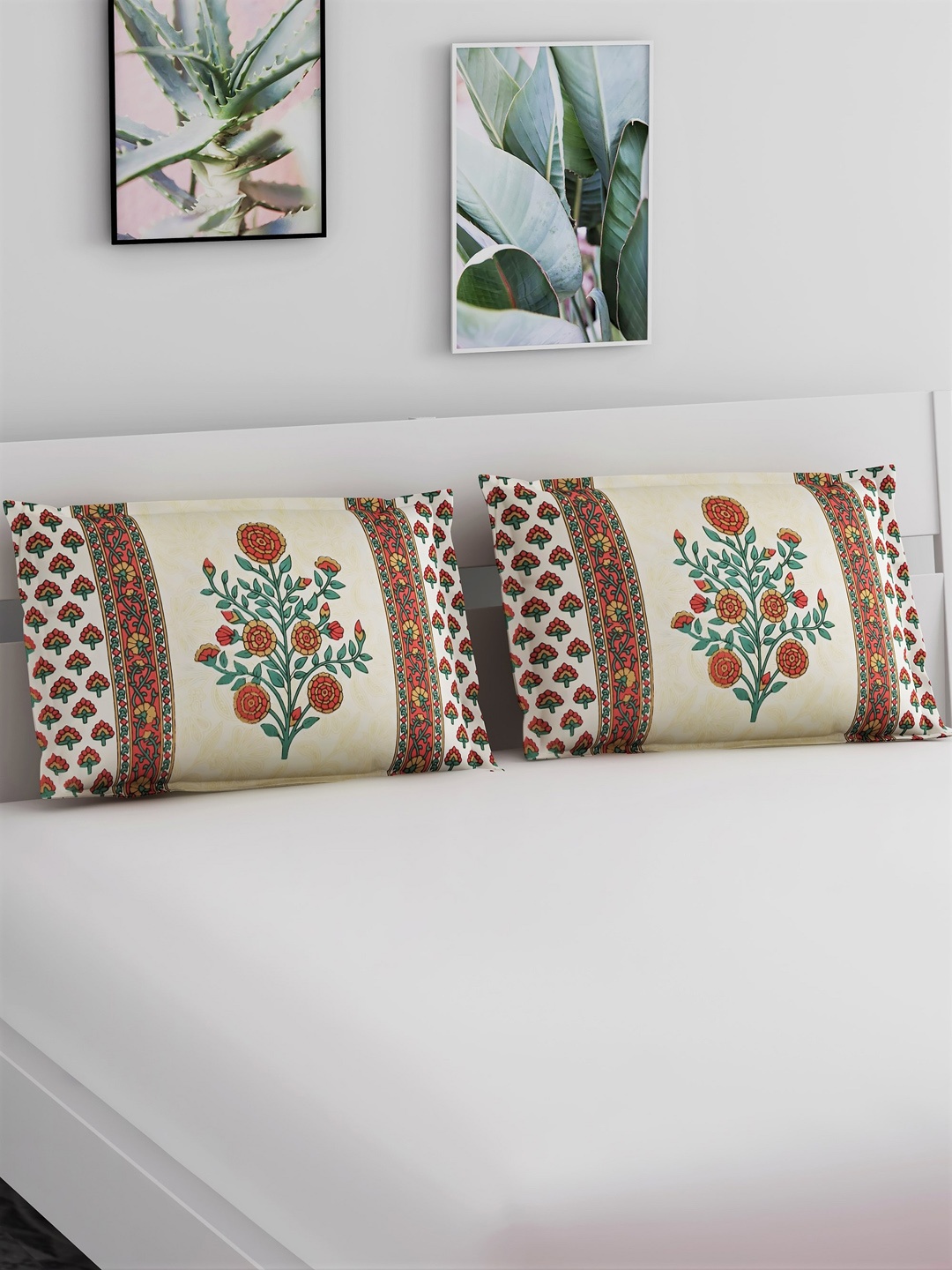 

Salona Bichona Set Of 2 Orange & Green Printed Pure Cotton 120 TC Pillow Covers