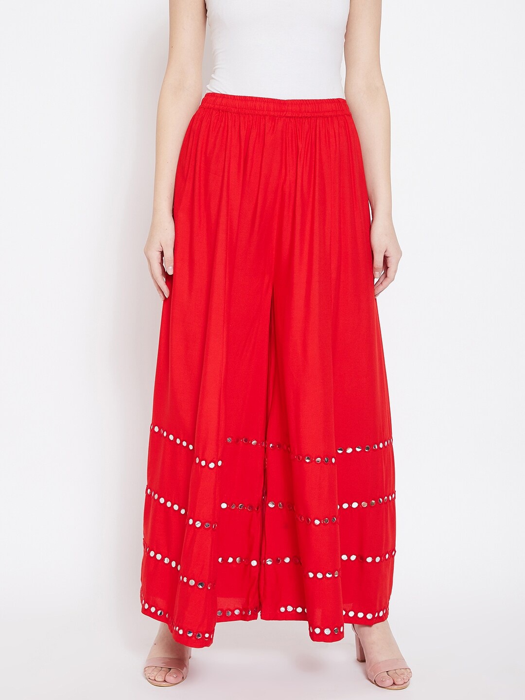 

TULIP 21 Women Red Embellished Flared Ethnic Palazzos