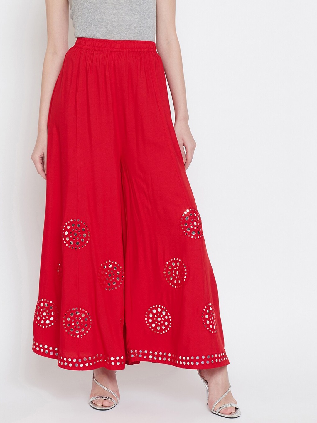 

TULIP 21 Women Red & Silver-Coloured Mirror Work Flared Ethnic Palazzos