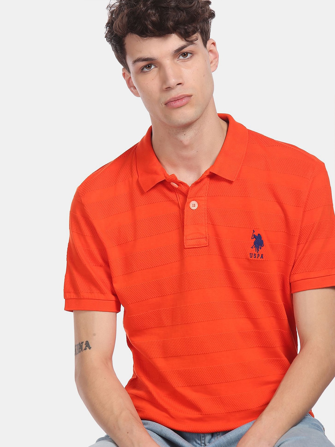 

U S Polo Assn Men Orange Striped Polo Collar T-shirt
