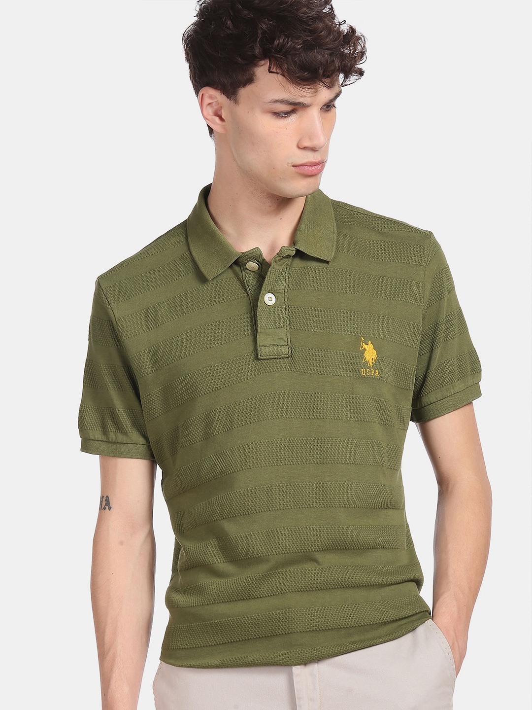 

U S Polo Assn Men Green Striped Polo Collar T-shirt