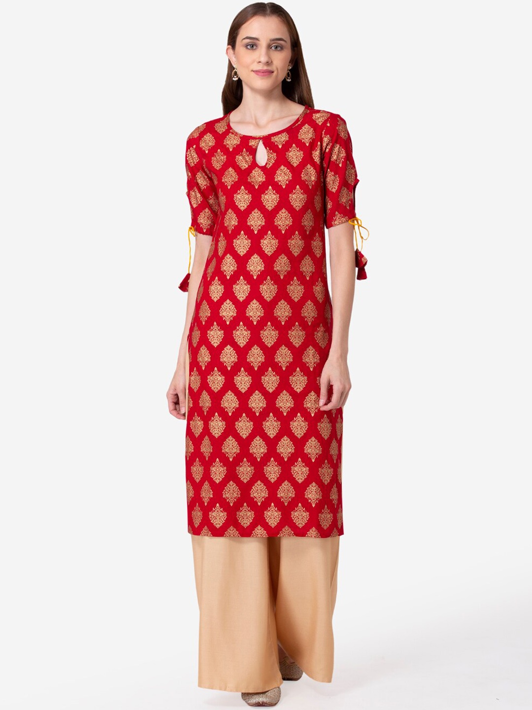 

SHINOY Women Red & Gold-Toned Ethnic Motifs Keyhole Neck Floral Kurta