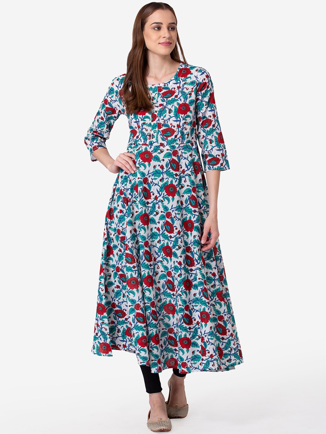 

SHINOY Women White & Green Floral Printed Thread Work Floral Pure Cotton Anarkali Kurta
