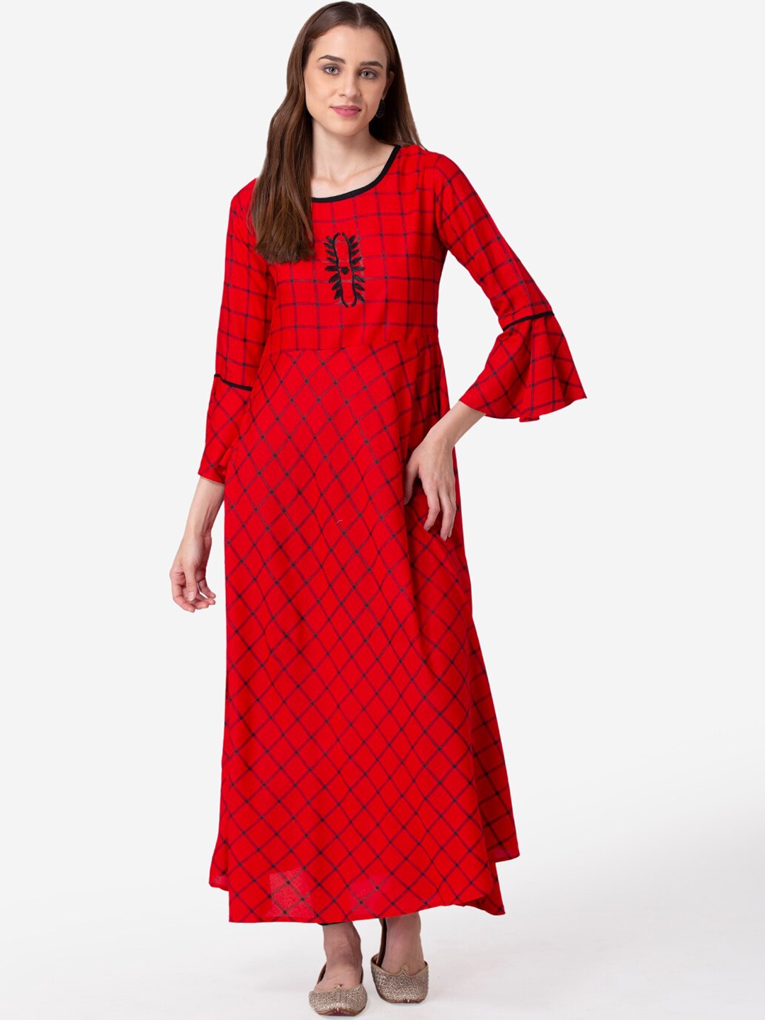 

SHINOY Women Red & Black Checked Embroidered Kurta