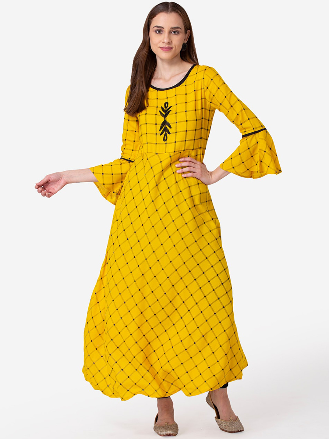

SHINOY Women Yellow Ethnic Motifs Printed Flared Sleeves Floral Kurta