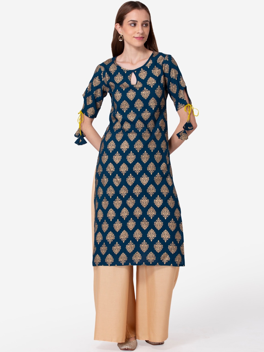 

SHINOY Women Blue & Gold-Toned Ethnic Motifs Printed Keyhole Neck Kurta