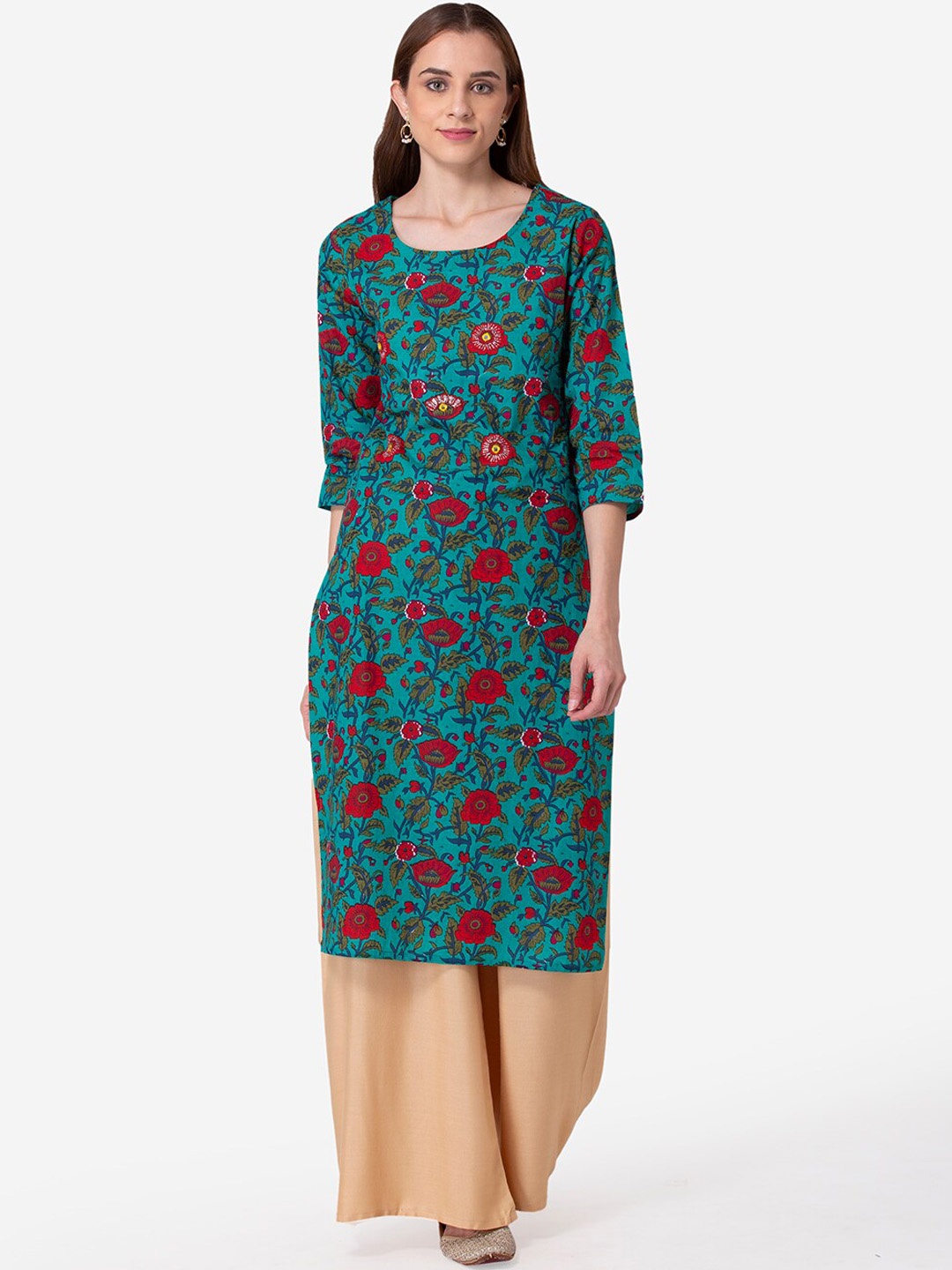 

SHINOY Women Green Floral Printed Mirror Work Floral Kurta