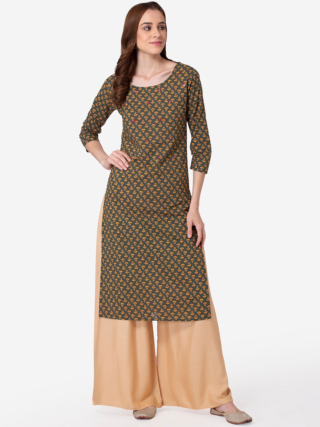 

SHINOY Women Green Geometric Printed Thread Work Floral Kurta