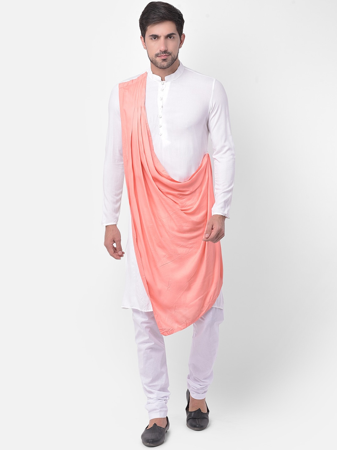 

DEYANN Men White Pleated Kurta with Churidar & With Dupatta